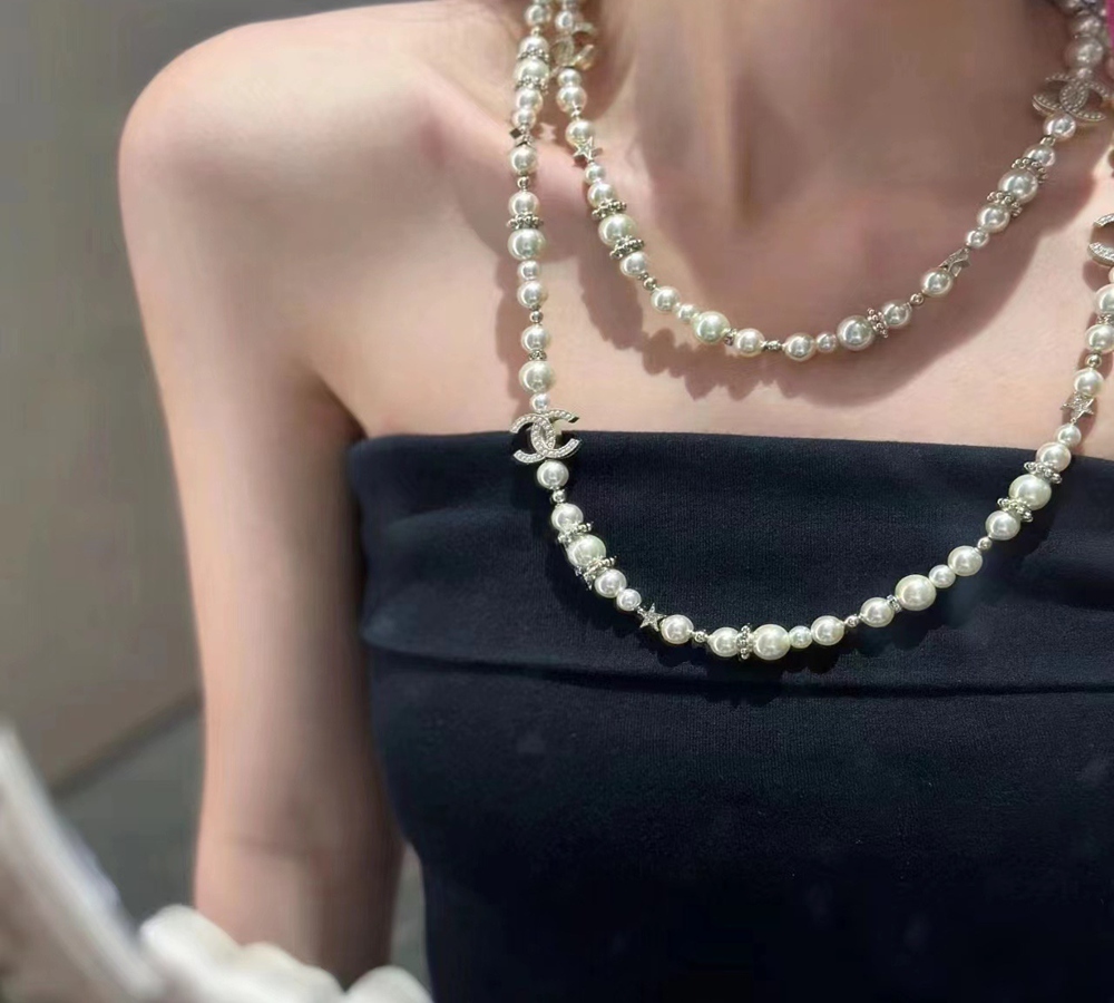 CHANEL Double Layer Pearl Long Necklace with CC Logo